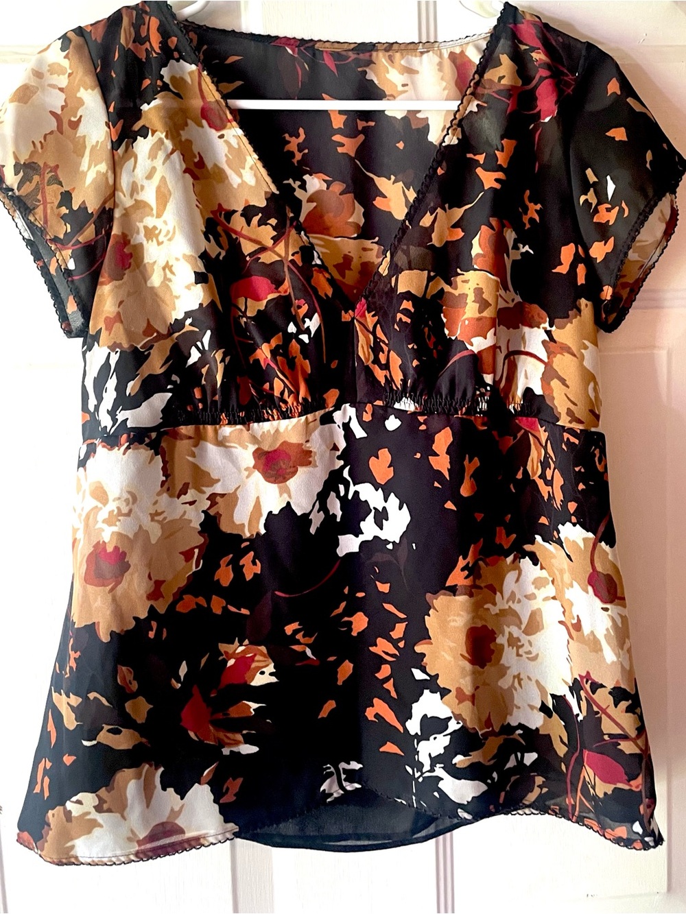 Studio by Liz Claiborne Rust Gold Black Brown Fall Floral Cap Sleeve Blouse Med